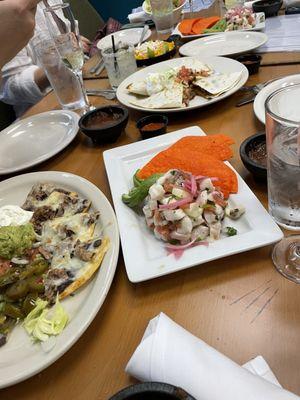 Ceviche, quesadillas and nachos.