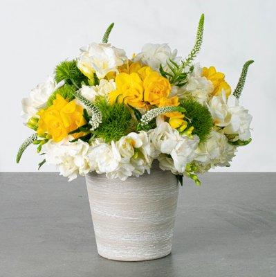 Valentina - Wonderful white hydrangea and freesia designed with yellow freesia, green trick in a grey textured 6" ceramic vase.