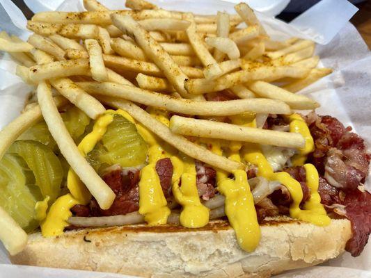 Hot Pastrami Sandwich w/seasoned fries. Bomb!