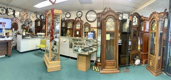 Store with some great vintage wall and grandfather clocks