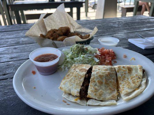 Fried Pickles and the beef Quesadillas