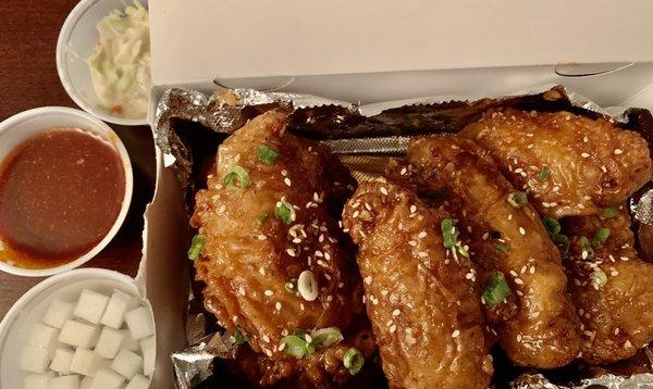 Soy Garlic Noori Wings (Served w/Coleslaw & Pickled Radish, 8pcs/$14.99 + $1.50 Hot & Spicy Sauce)- 4.5/5 stars