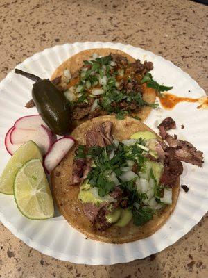 Carne asada and tripas tacos.