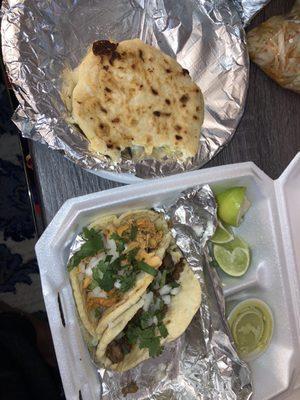 Beef and chicken tacos, pupusas