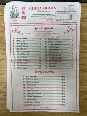 Menu with updated prices