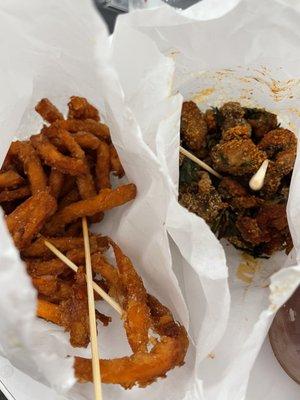 Sweet potato fries and popcorn chicken