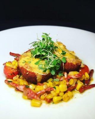 Crab Scotch Egg with Spicy Sausage Succotash & Hollandaise Sauce