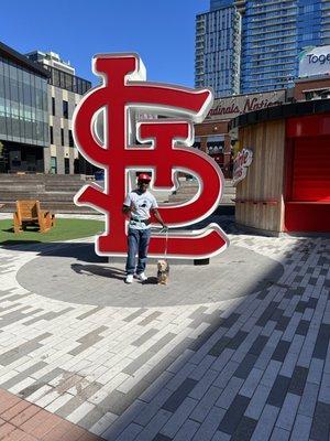 Diamond and I on an adventure in Ballpark Village. Tail Wags N Doggie Tags dogs go everywhere.