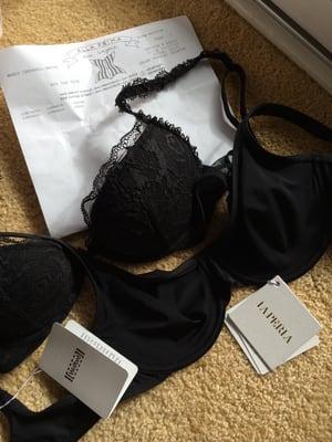 A lacey La Perla Pizzo push up with removable cookie padding and a Wolford Flashdance t shirt bra.