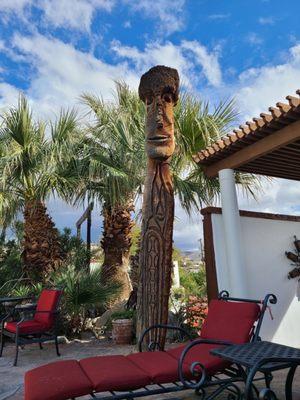 Poolside totem, probably leftover from the original decor when this property was called the Highlander Lodge."