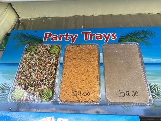 Party trays available  Rice or beans large party tray $50  Each Ceviche medium tray $75 Ceviche large tray $150