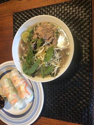 Rare Beef pho with added meatball and Fresh Spring Rolls with Pork and Shrimp (2)