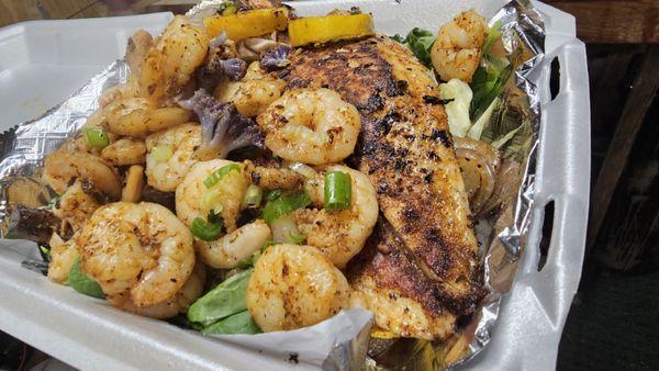 blackened redfish an Grilled topped shrimp