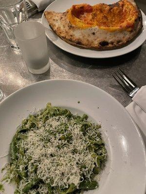 Fettuccine al pesto and Calzone pizza