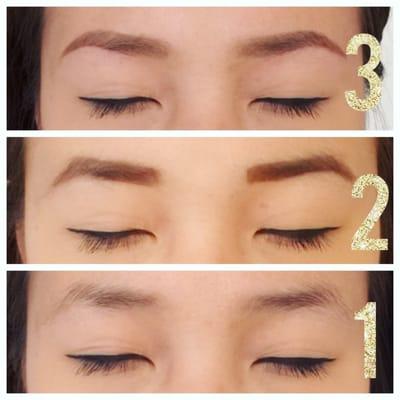 1- Natural brows. 2- How I was drawing them. She said it was too harsh and too dark. 3- After the procedure. I love them!