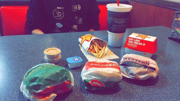 I got the Western Bacon Cheese Burger and fries. Ray got the Baby Back Rib Burger, Jalapeno Double Cheese Burger, and Chicken Tenders.