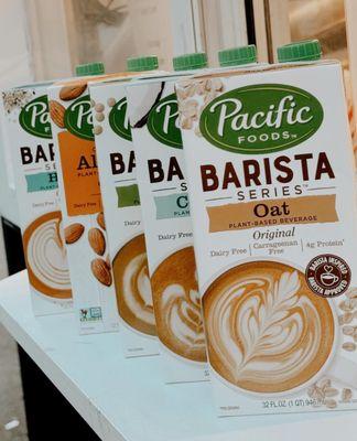 We carry oat, coconut, soy, almond, and hemp!