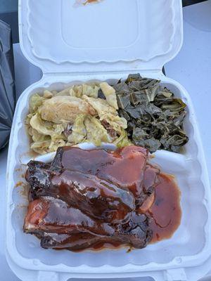 BBQ pork ribs, cabbage, collard greens