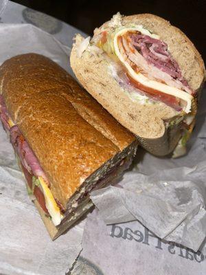 Make your own sandwich (whole wheat hero, Pastrami salsalito turkey, LTM, red onion)