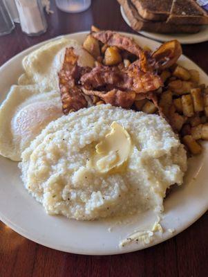 Bacon and eggs. Half grits half home fries.