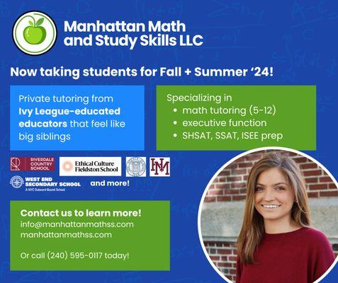 Taking new students for Summer 2024 and Fall 2024 now! Private tutoring and test prep in SHSAT, SSAT, ISEE, and Regents.