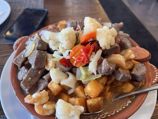 Beef Cubes With Shrimp, Chourico & Potatoes