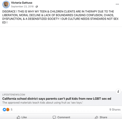 Victoria Gattuso complains that sex education and gay liberation have produced more LGBTQ+ children for her to convert in therapy.