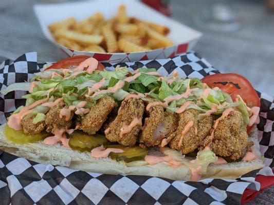 Shrimp poboy and crinkle cut fries