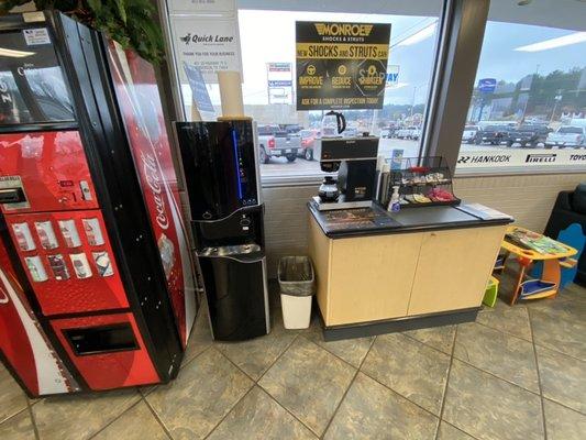 Soda, ice, water, and coffee station with 6 different creamers to pick from!