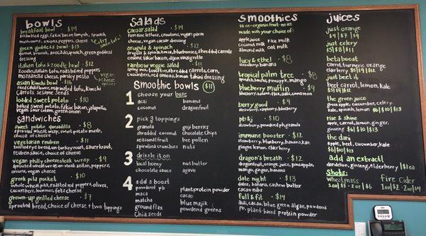 Latest menu for bowls, salads, smoothies, and juices