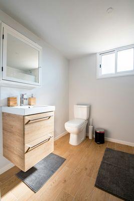 Modern toilet and wall hung sink.