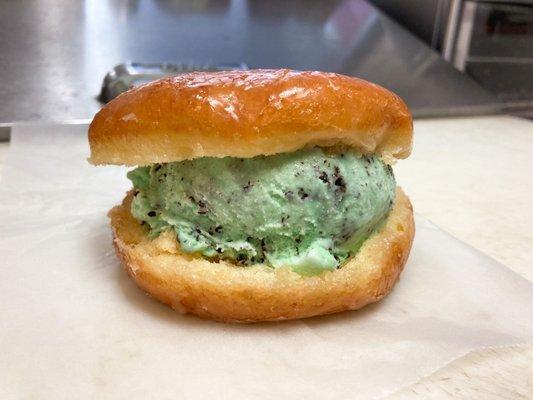 Ice cream donut sandwich w/ mint chocolate chip ice cream