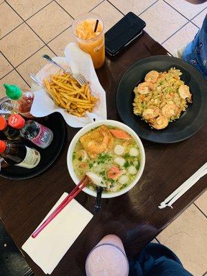 Thai tea, guava juice, surf n pho, fried rice with shrimp