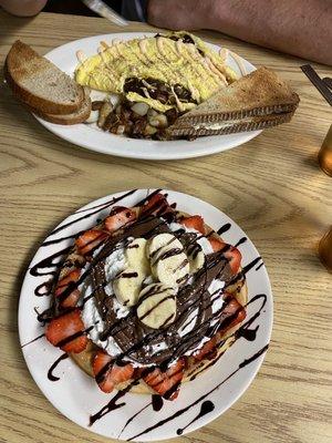 Nutella waffle + corned beef omelet