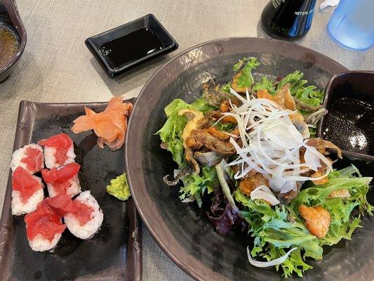 Salmon skin salad, tekka hosomaki