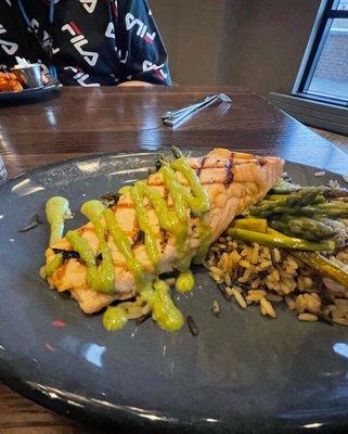 Salmon wild rice pilaf and grilled asparagus