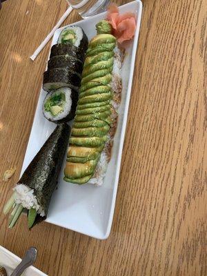 Avocado roll, avocado and cucumber roll and caterpillar roll with tofu. So delicious