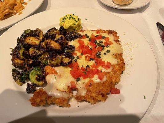 Chicken Milanese with roasted brussel sprouts( usually served with fettuccine Alfredo but needed gf.