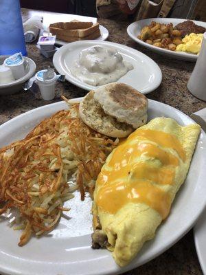 Sausage omelette, hash browns w/muffin