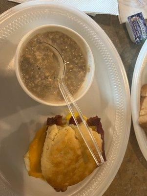 Bacon, egg, and cheese biscuit and brown sugar oatmeal.