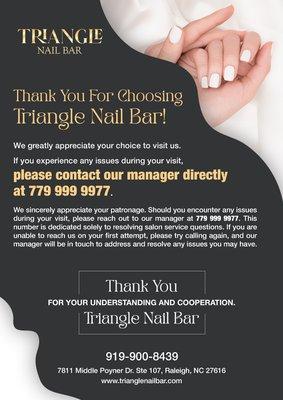 Address: 7811 Middle Poyner Dr. Ste 107, Raleigh, NC 27616
 Phone: 919-900-8439
 Website: www.trianglenailbar.com