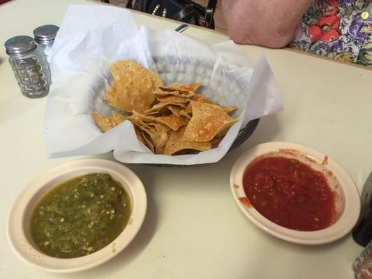 Great tasting chips and both a mild red and very hot green sauces to start the meal!