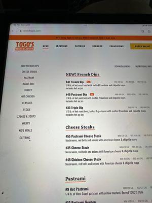 Menu that I purchased from them instead of subway