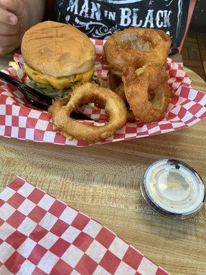 Cheeseburger and onion rings