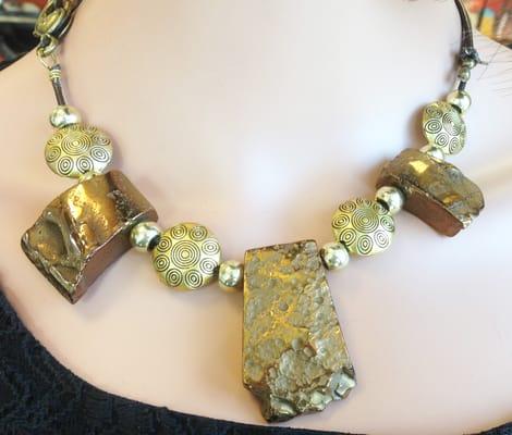 Handmade Necklace - Bronzed Quarts Nuggets and Brass Beads on Adjustable Leather - by CJ Studio
 CJ's TALK OF THE TOWN