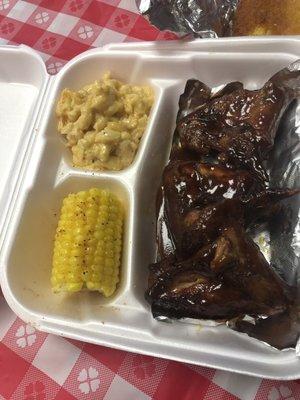 BBQ chicken Mac and cheese and corn