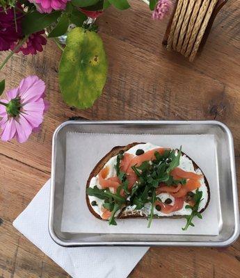 Lucia's lox: smoked salmon, dill spread, arugula, and capers