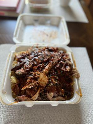 Sheri's fully loaded baked potato with spicy bbq sauce