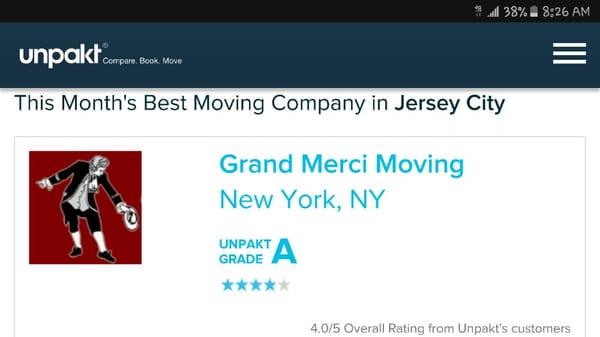 Nominated as best movers in Jersey City ,rated by Unpakt.com