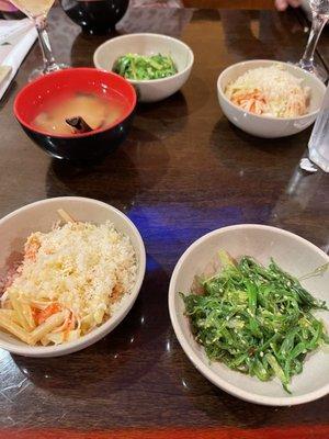 Seaweed Salad, crabmeat salad, misu soup